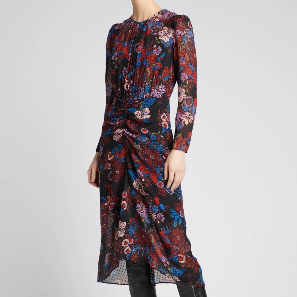 Veronica Beard Raylee Ruched Floral Midi Dress - Picture 2 of 9